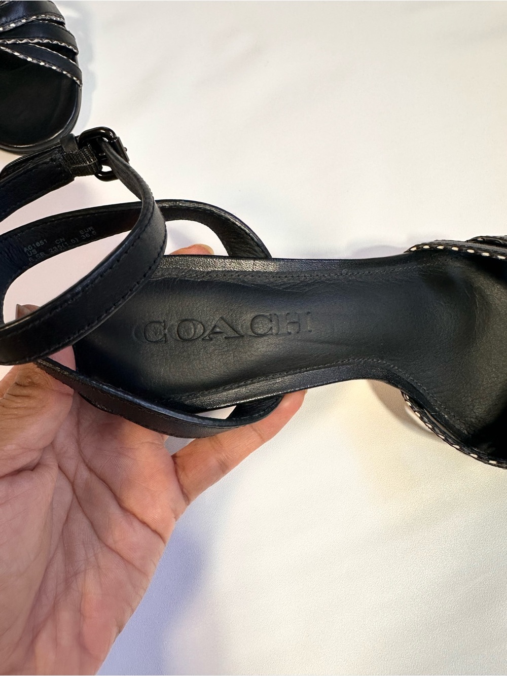 Coach Black Strappy Kitten Heel Sandals with Silver Stitching - Picture 4 of 8